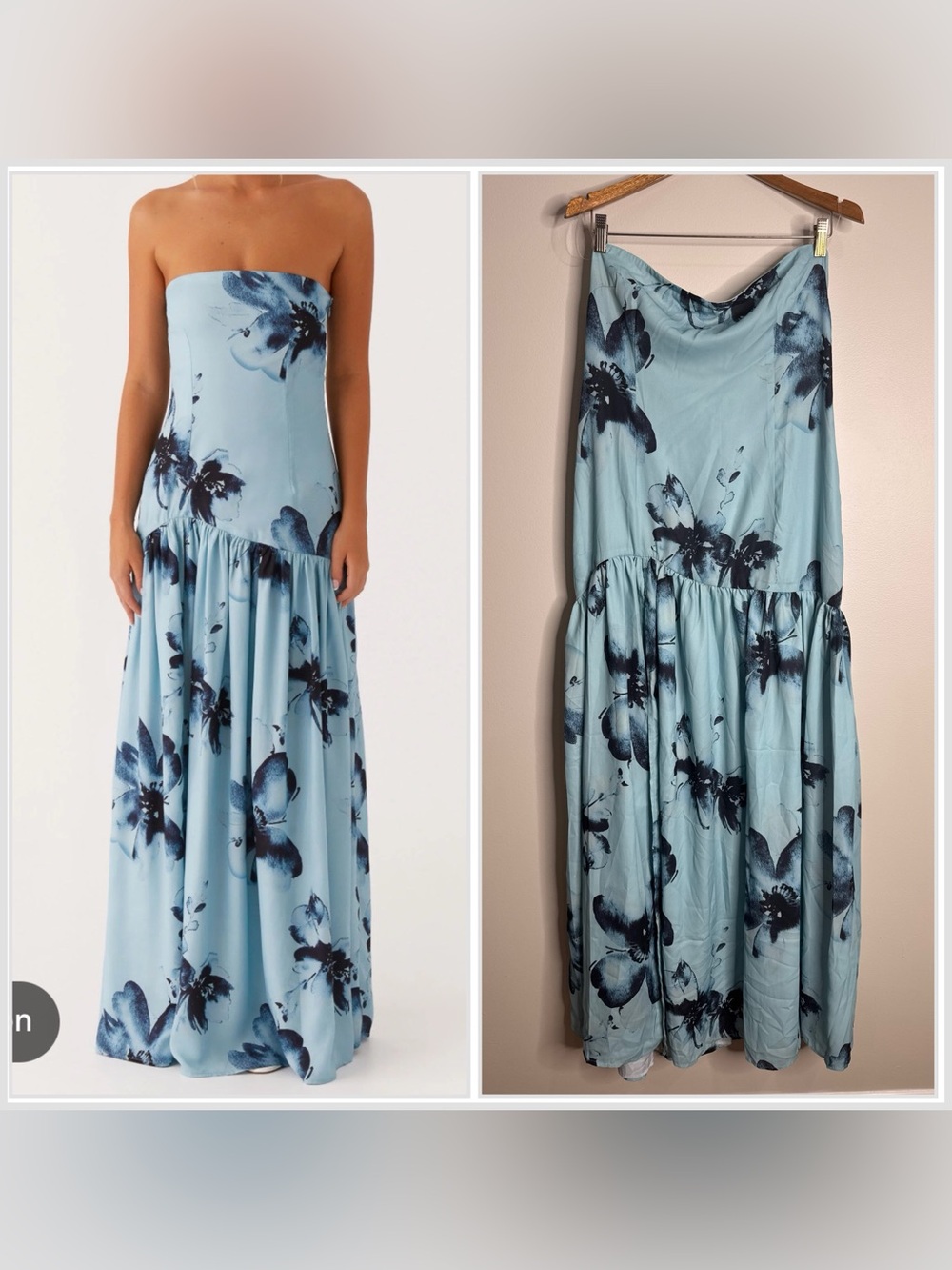 Peppermayo Light Blue Strapless Maxi Dress with Navy Floral Print